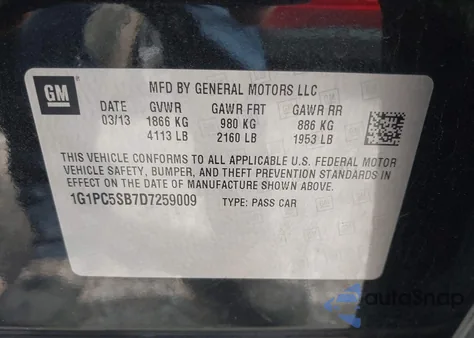 2013 Chevrolet Cruze 1Lt Auto из США, поврежденный, VIN 1G1PC5SB7D7259009